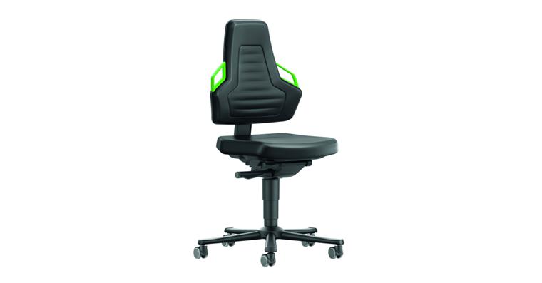 Swiv wrk chair Nexxit 2 seat height 450-600mm w cast, synth leath, grn handle