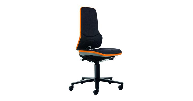Swiv wrk chair Neon 2 seat height 450-620mm fab. uphols, cast, orange flex band