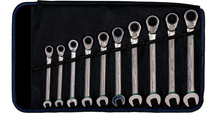 ATORN Knarren-Ringmaulschlüsselsatz, 10-teilig, mit Umschalthebel, in Rolltasche