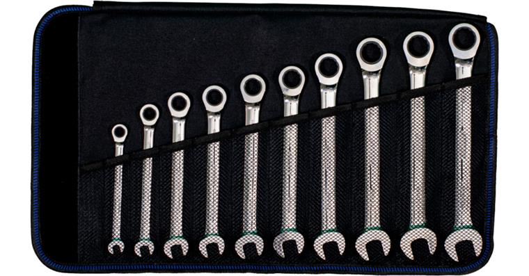 ATORN Knarren-Ringmaulschlüsselsatz, 10-teilig, Gerade, in Textil-Rolltasche