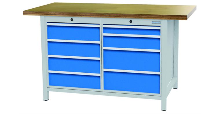 Kastenwerkbank B1500 x T750 x H859 mm mit 8 Schubladen RAL 7035/5012