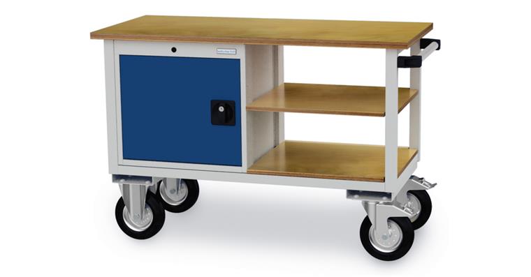 Mobile Werkbank B1200xT540xH820mm RAL7035/5010 1xTür, 2x Fachboden