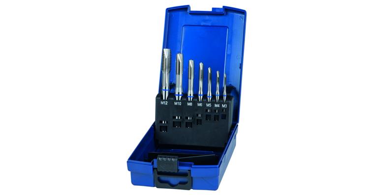 Through hole screw tap set, 7 pieces, steel, 3xD, HSS-E M3-M12