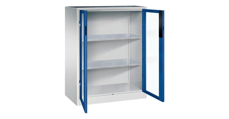 Storage cabinet w/ doors w/ view. wndw HxWxD 1200x930x500mm 2 shelves RAL 5010