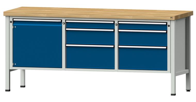 1082088402 Kastenwerkbank 2000x700x900mm 6 Schubladen 1x Tür Buche-Massivplatte 7035/5010