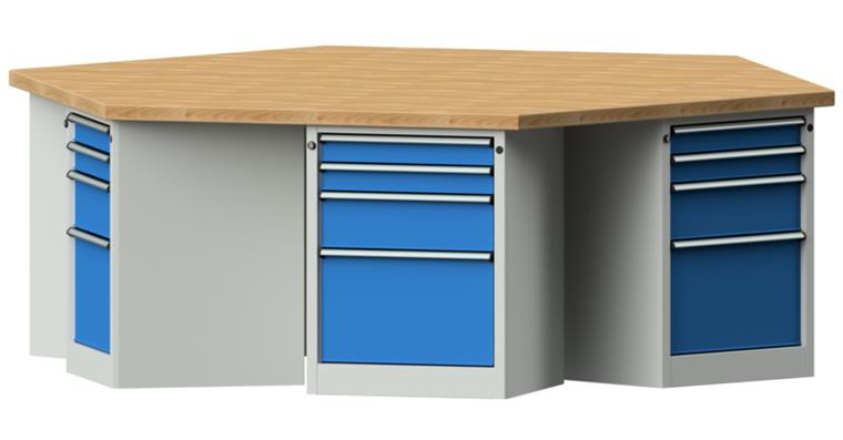 Gruppenwerkbank 6-Eck 2340x2700x900mm Buche-Massivplatte 7035/5012