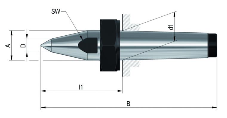 Zentrierspitze MK 3, ähnlich DIN 807, volle Spitze, Abdrückmutter, verlängert