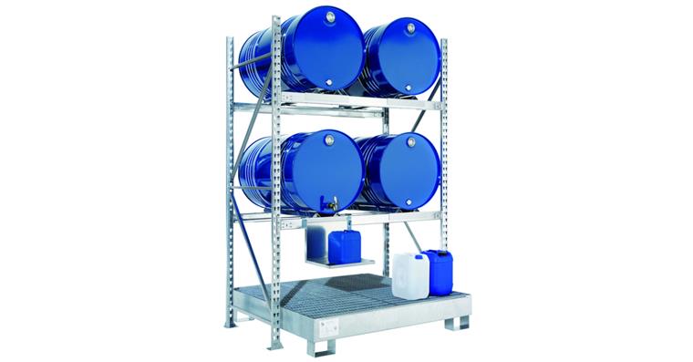 Regal für 4/200 Fässer, Grundfeld mit Gitterrost Außenmaße 1507x800x2200mm