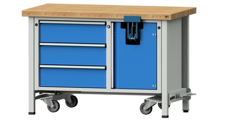 1082131103 Assembly workbench, mobile, series V 1270x700x50mm 3 drawers, vice, fold. mech.
